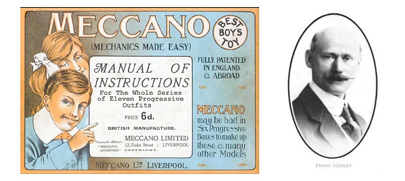 Early Meccano [Mechanics Made Easy] instruction manual with portrait of Frank Hornby