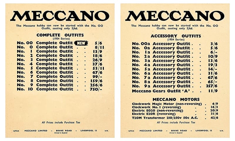 1954 Meccano price list