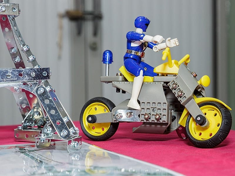 Plastic Meccano motorbike and rider model by Gregg Wormwood 