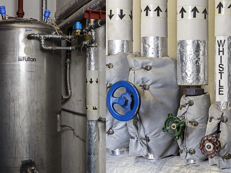 Hot well and steam controls in the brickworks boiler room