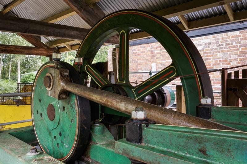 Closeup of fly wheel and Number two John Wood steam engine piston at bursledon brickworks museum