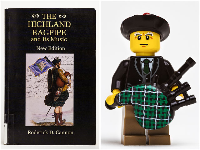 Book of bagpipe music with Lego bagpiper