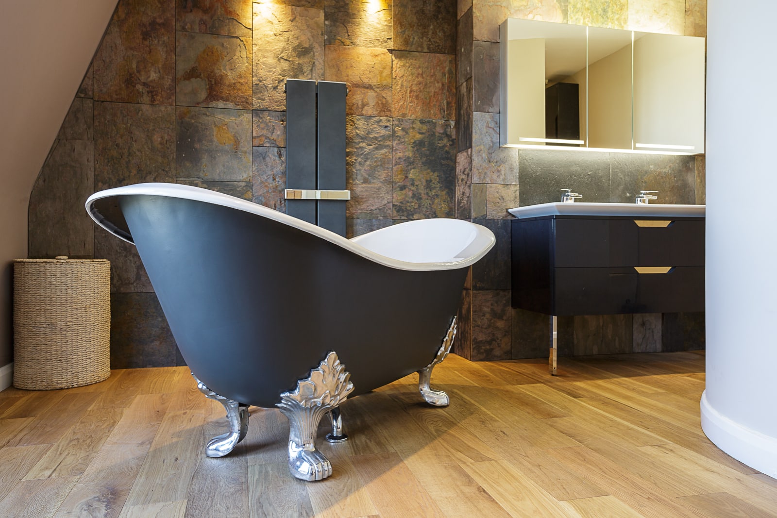 interior view of bathroom area in a residential property close up of freestanding roll top bath