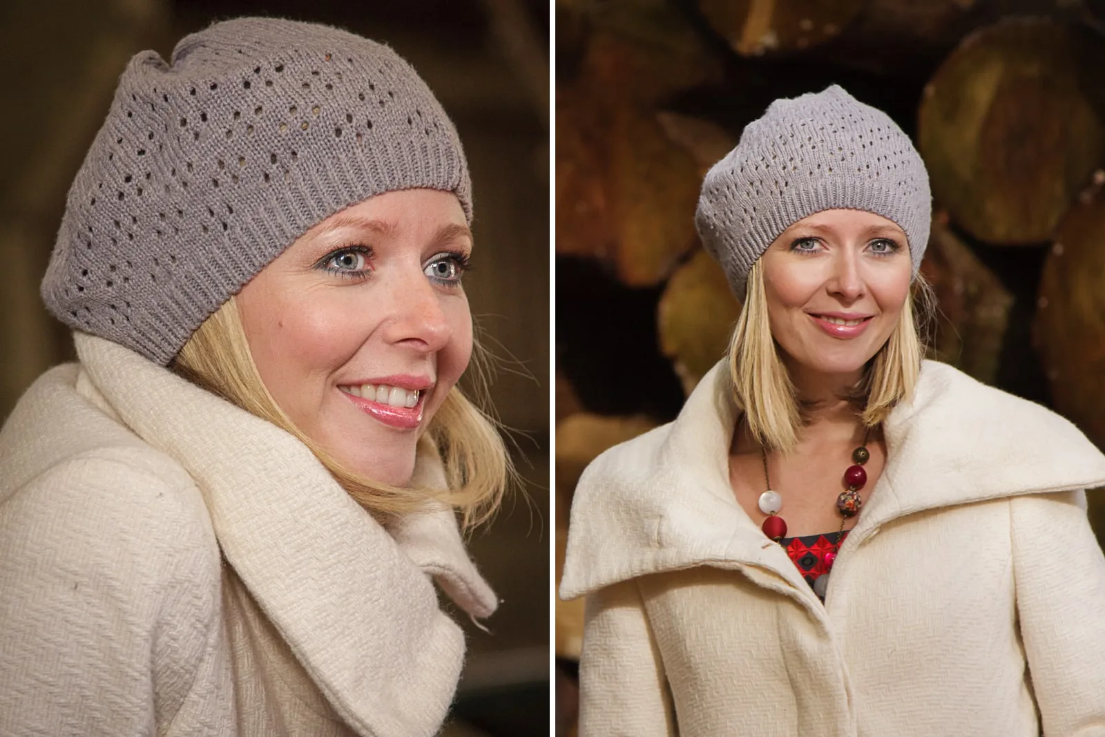 portrait of young female wearing wooly knitted hat and light coloured coat dressed for autumnal weather