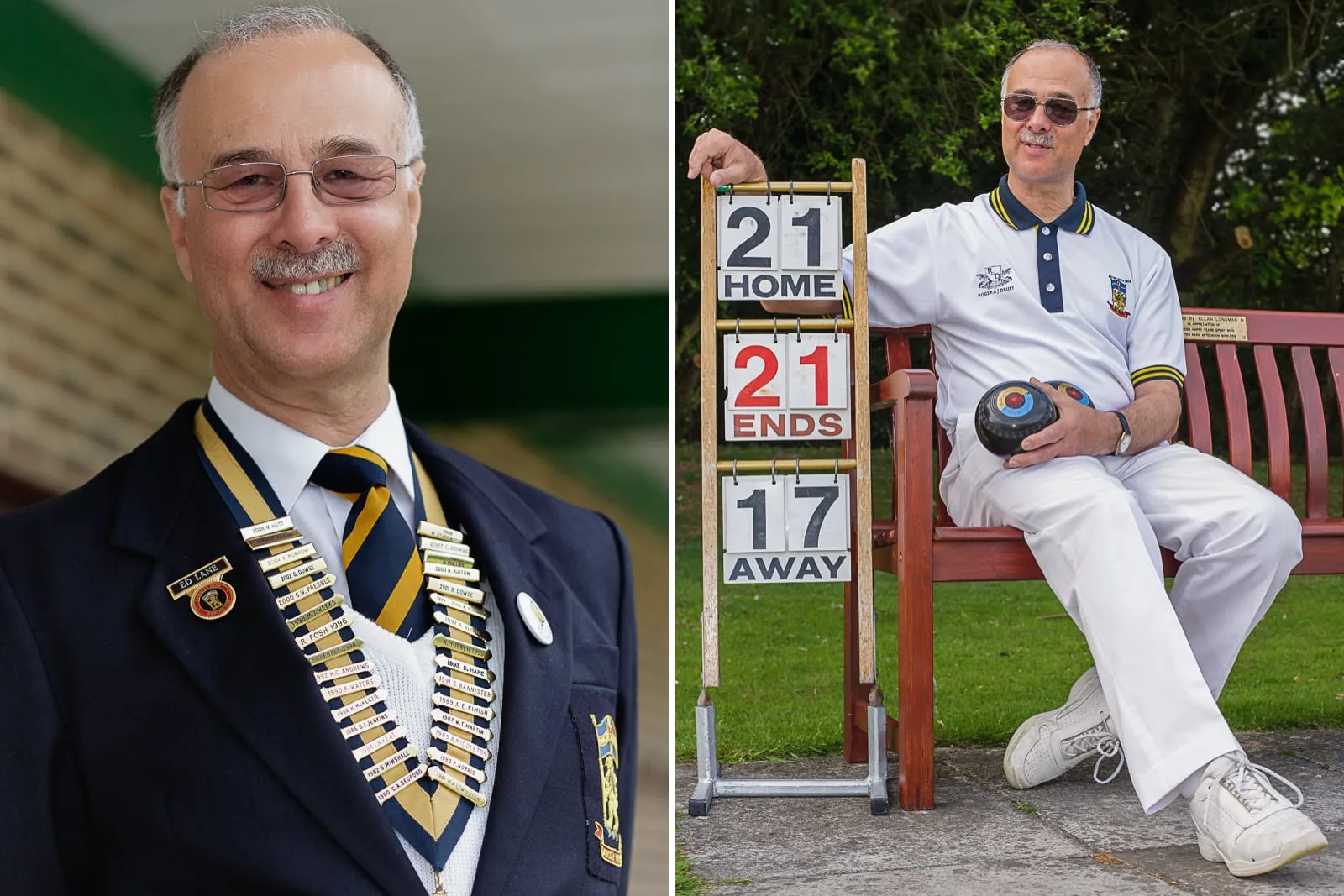 promotional portrait featuring male crown green bowls club president