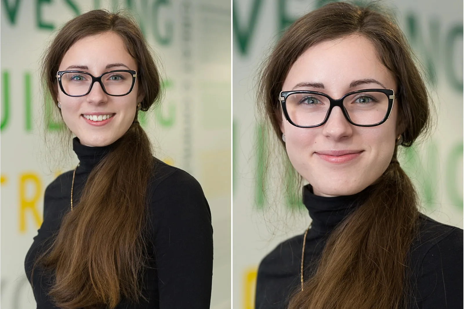 business headshot of young long dark haired female wearing glasses against a branded background