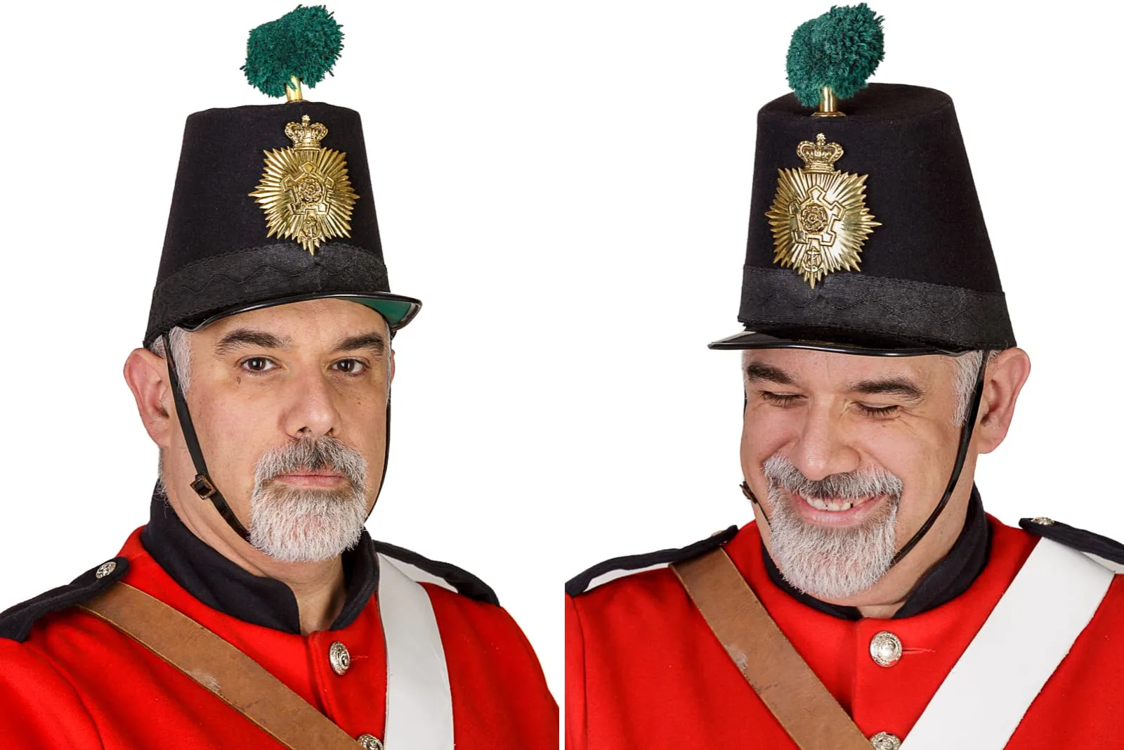 serious and laughing portrait of man dressed in reenactment period costume