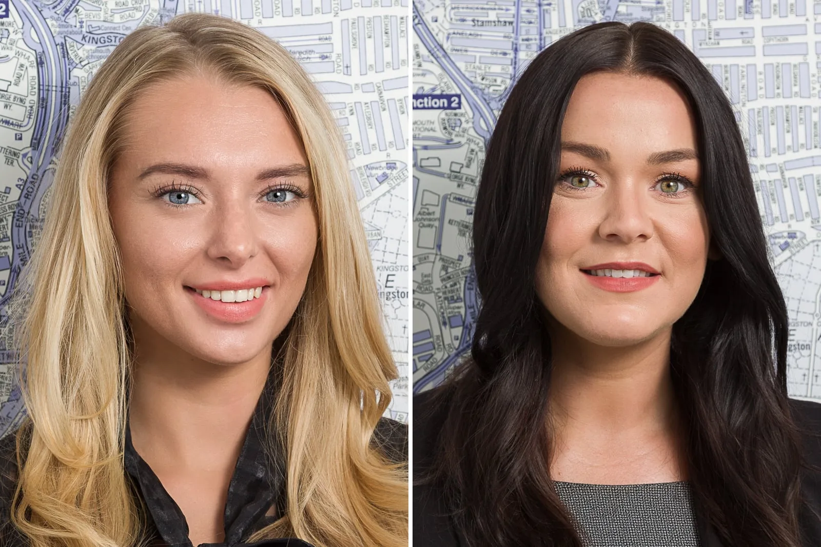 Headshots of one blonde and one auburn haired young women against a local map background