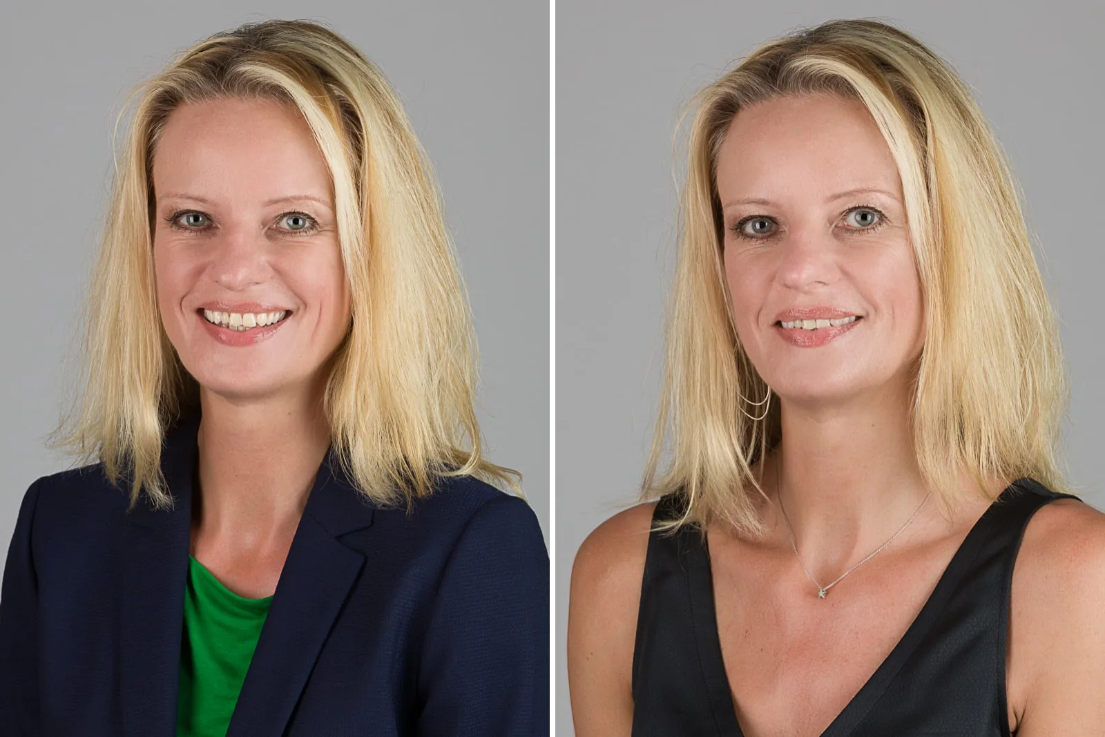 headshot of middle aged blonde female business woman in two changes of clothing