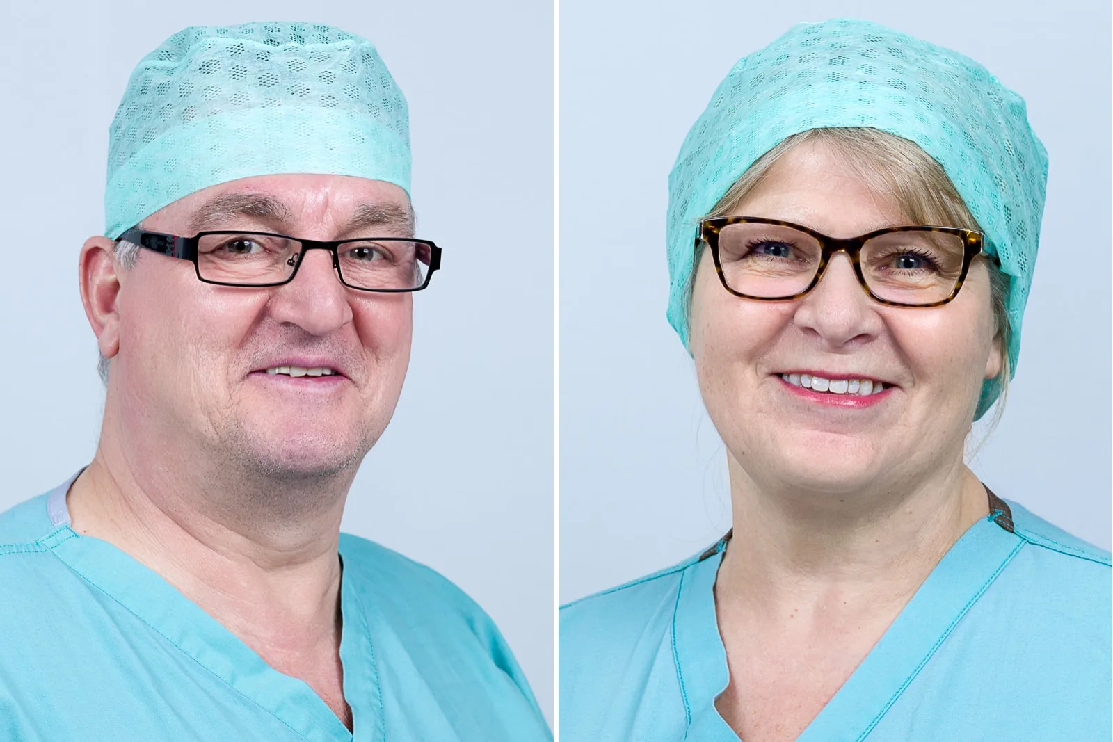 headshots of a middle aged male and female wearing light green hospital scrubs and glasses