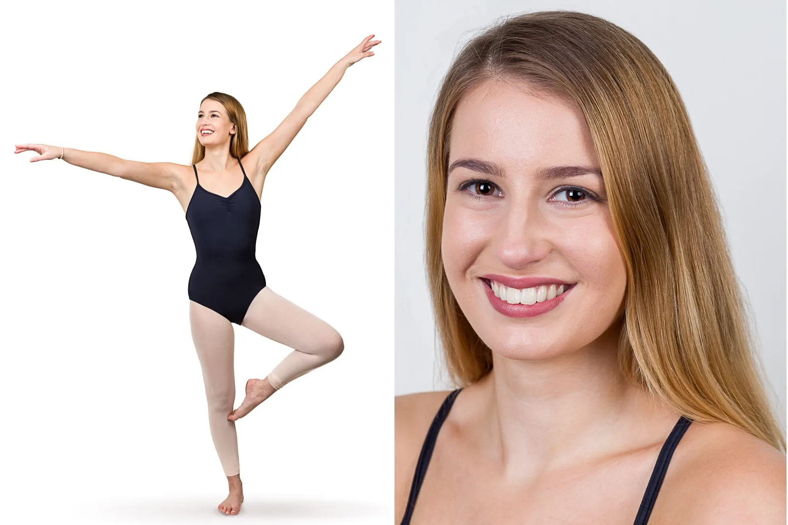 Young female dancer adopts ballerina and headshot poses for promotional portraits
