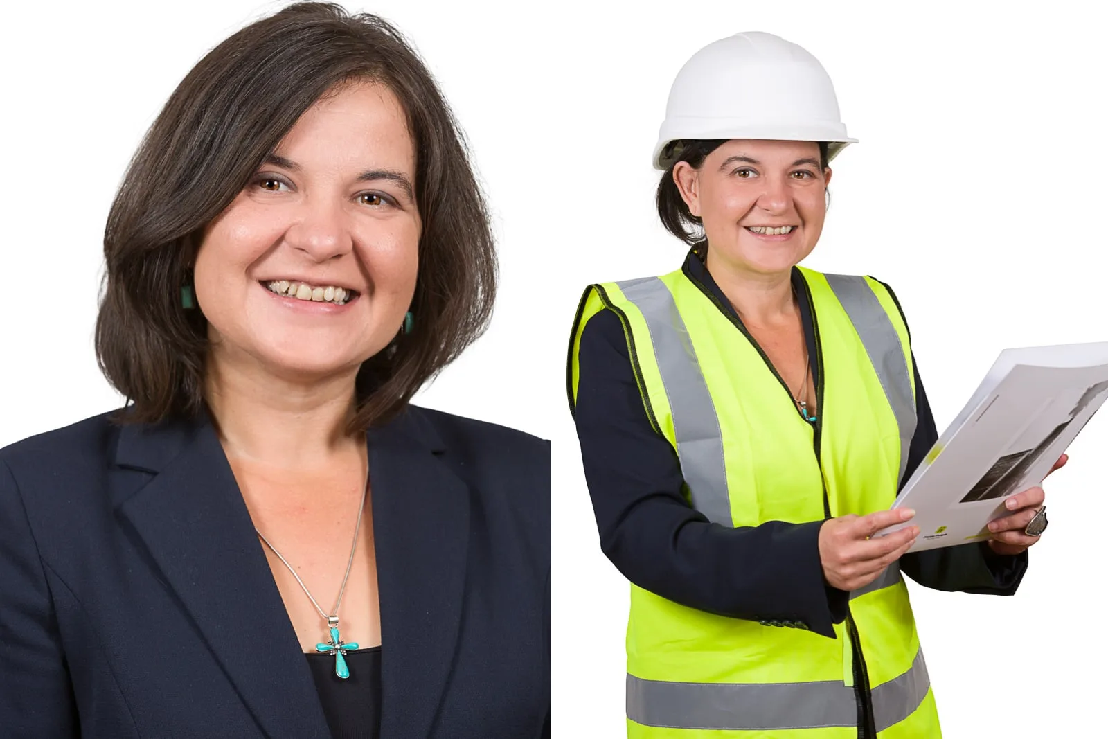 younger female headshot and portrait wearing hi visability jacket and white workman's protective hard hat