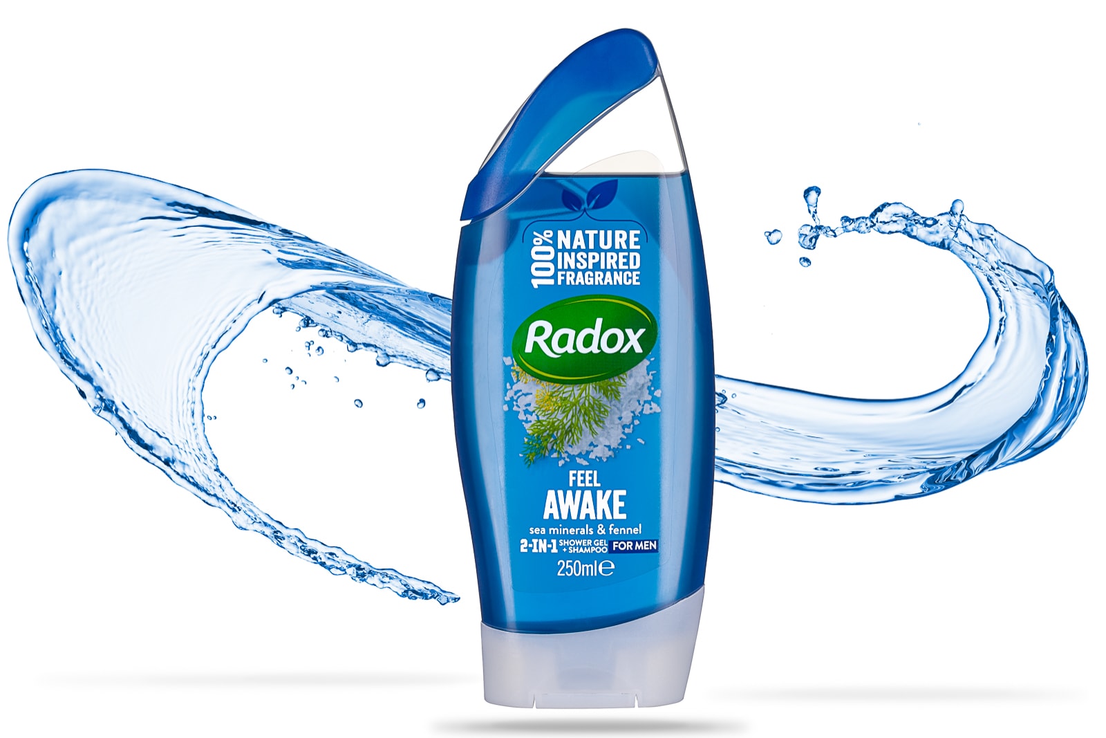 radox shower gel shampoo for men in blue plastic dispenser with blue water splash as background on white