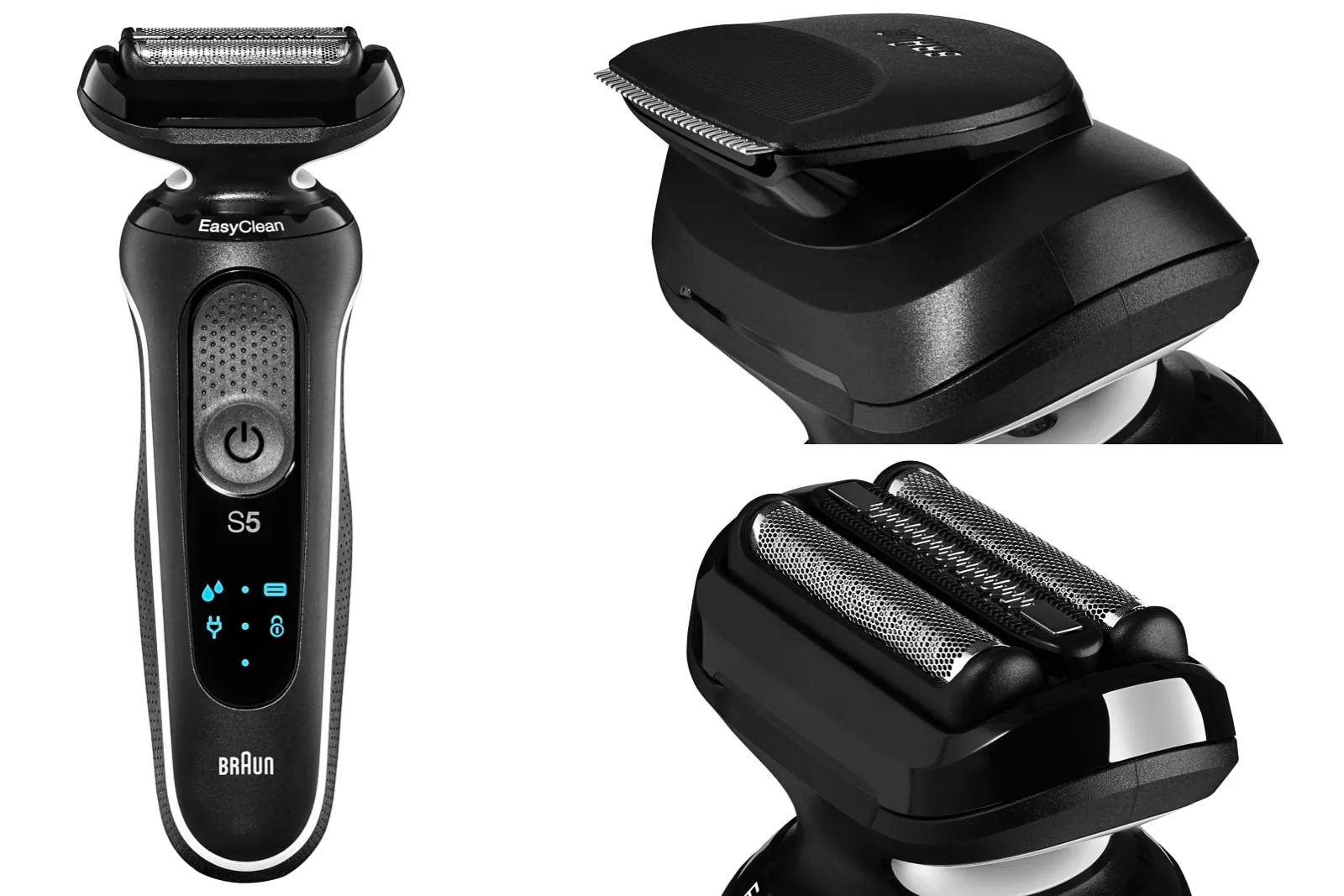 black battery operated shaver with beard and hair trimmer attachments on white background