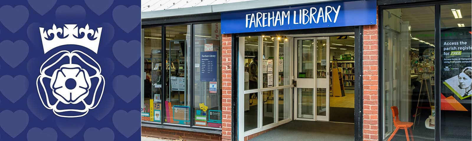 SPL-Fareham Library2 Fareham Library frontage and Hampshire libraries logotype