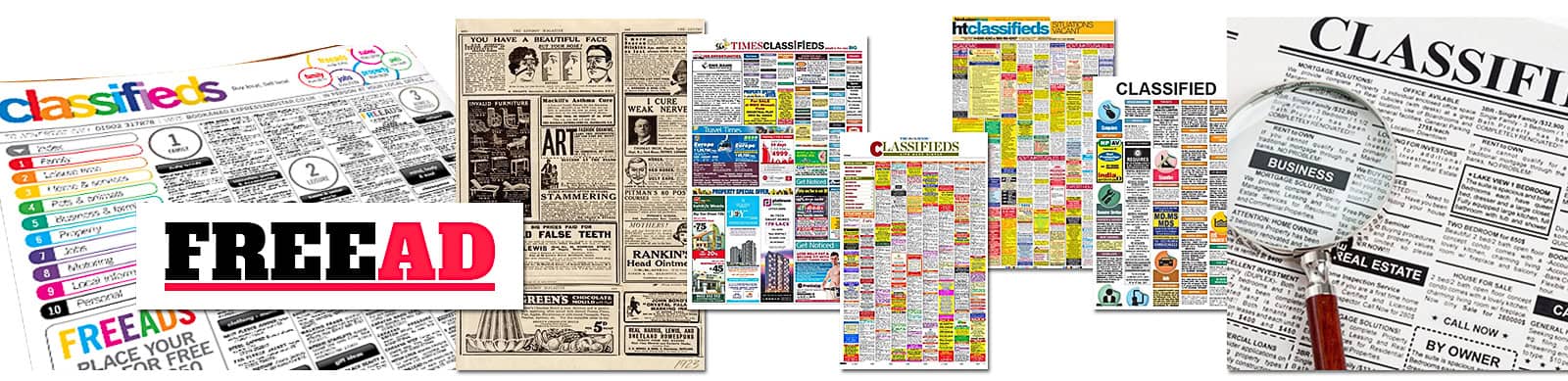 SPL-FreeAds Composite image of typical FreeAd classified listings in regional print newspapers and magazines