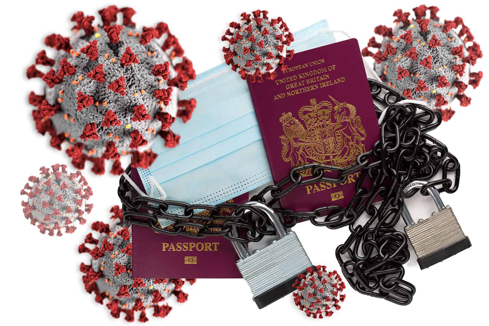 COVID-lockdown-passports-facemask-chains 3d covid virus image with UK Passports locks chains facemask