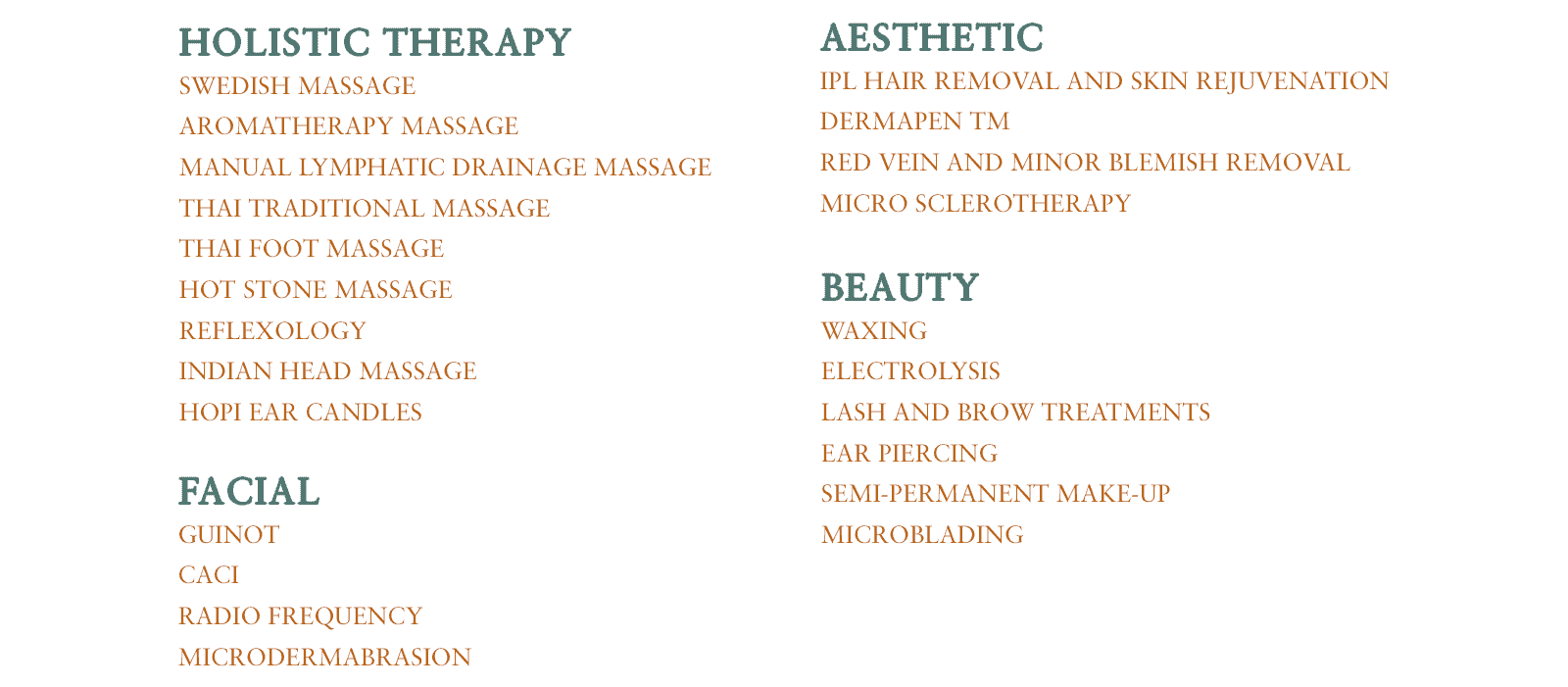 A list of the available treatments carried out at Grace Medi Spa