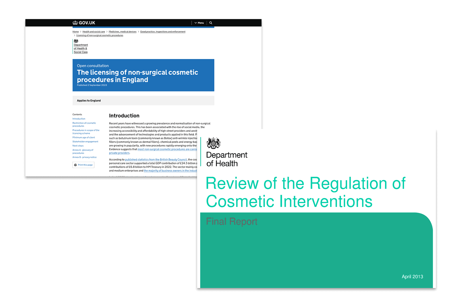 document covers for UK Government non-surgical cosmetic procedure in England reports.