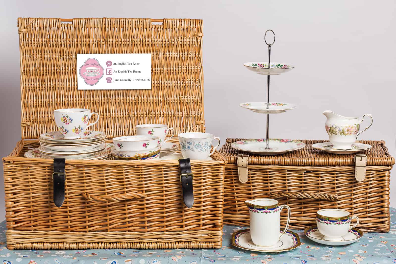 an english tea room hampers with crockery and logo