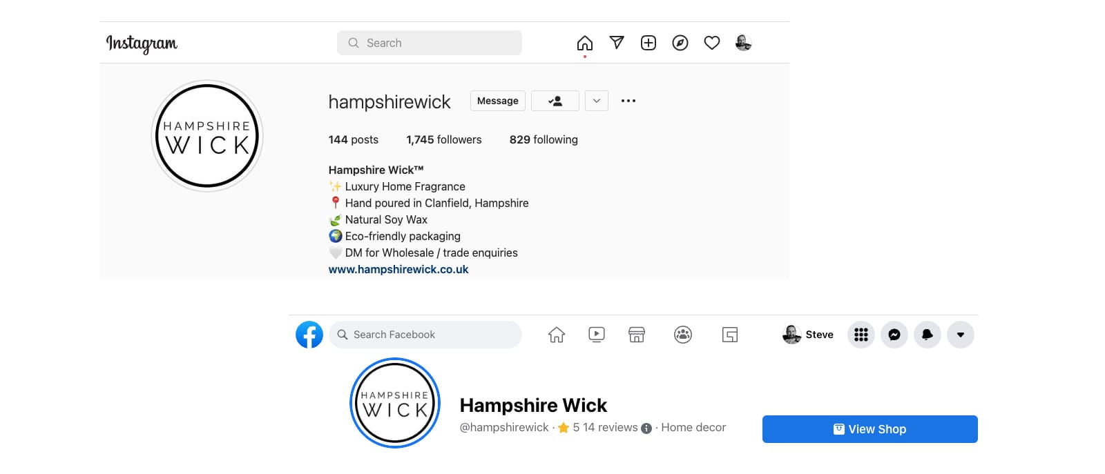 Hampshire-Wick-Social social media pages for hampshire wick candle makers