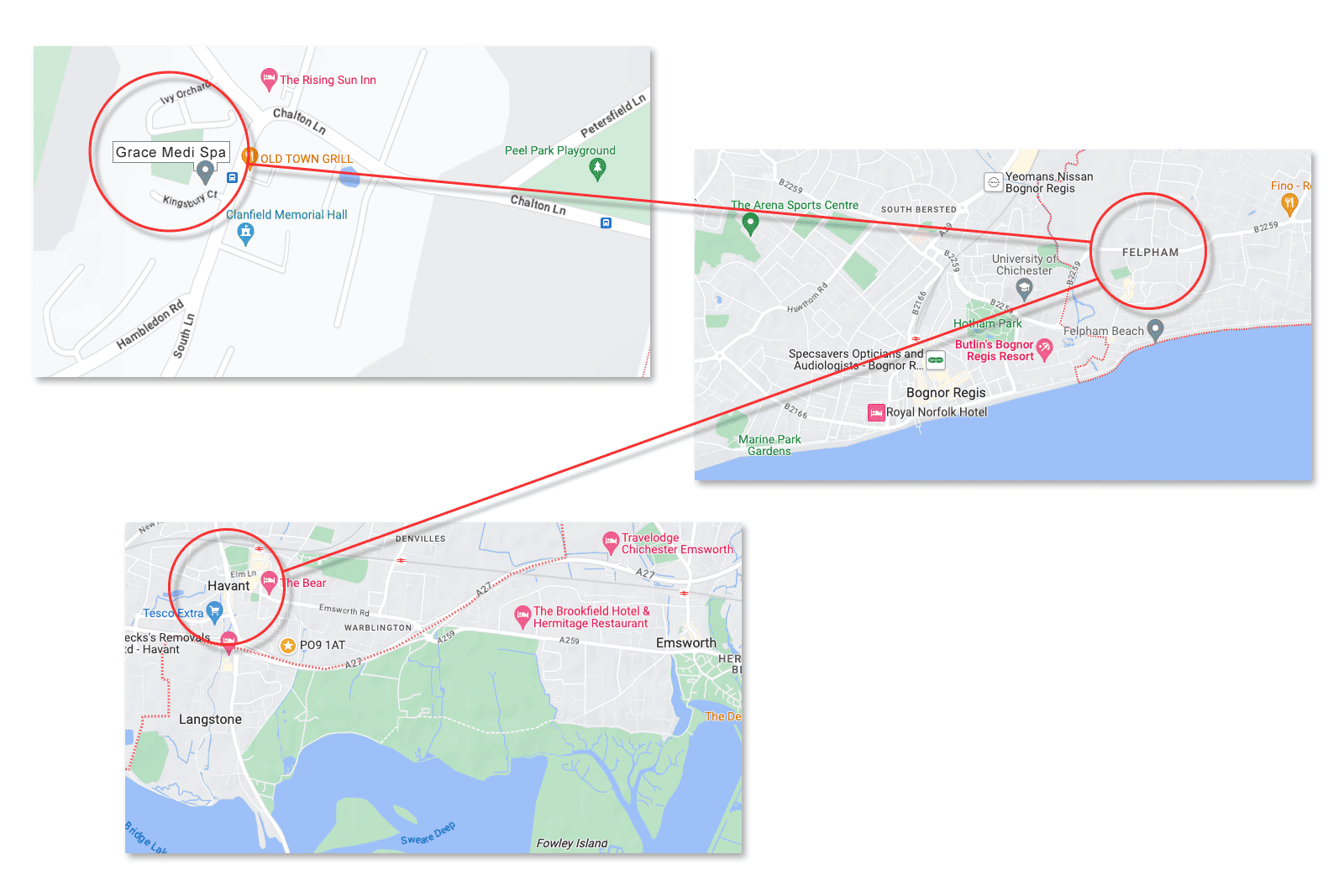 maps of clanfield, havant and felpham