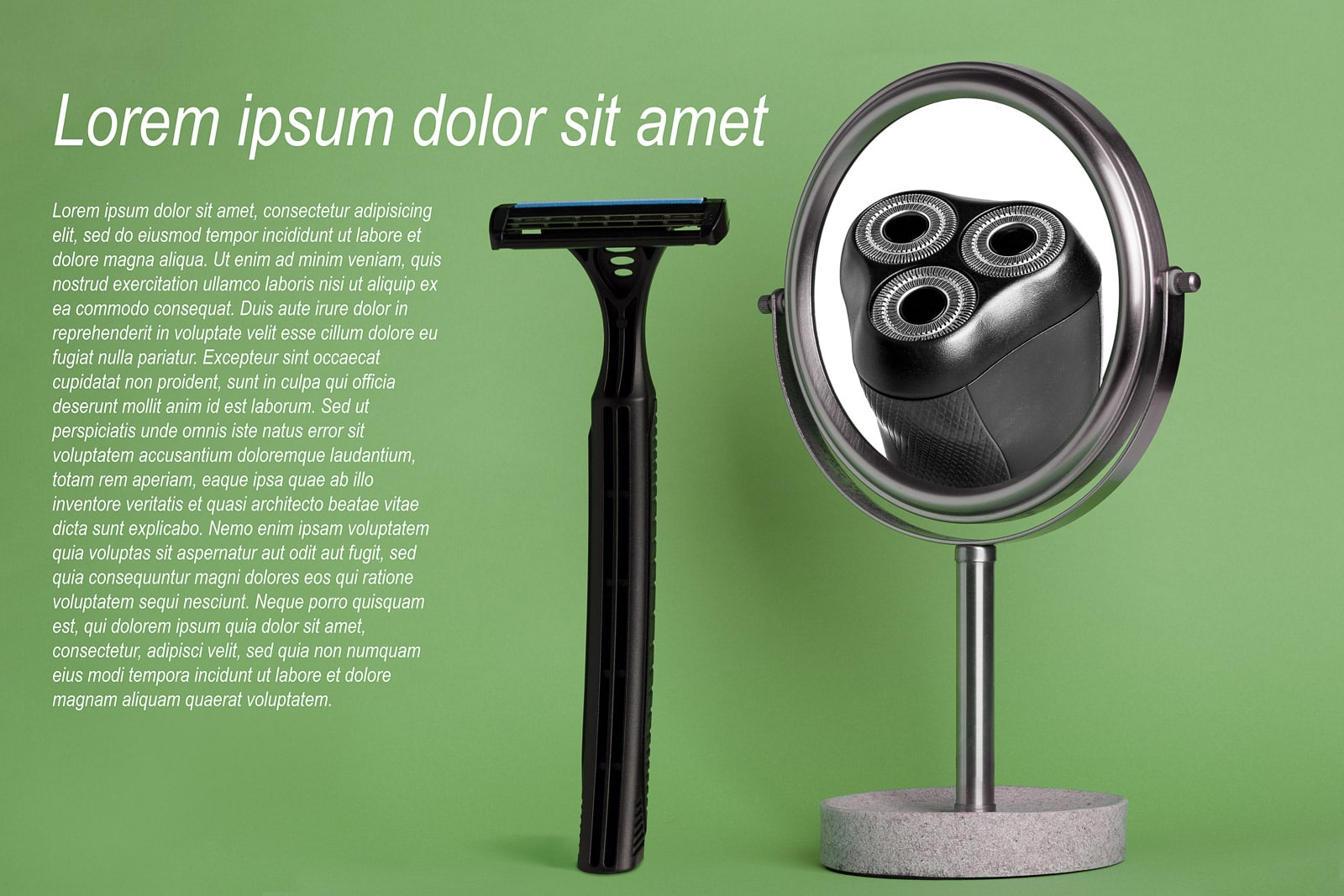 composite photograph of black wet shave razor and electric razor in mirror on green background with dummy text added