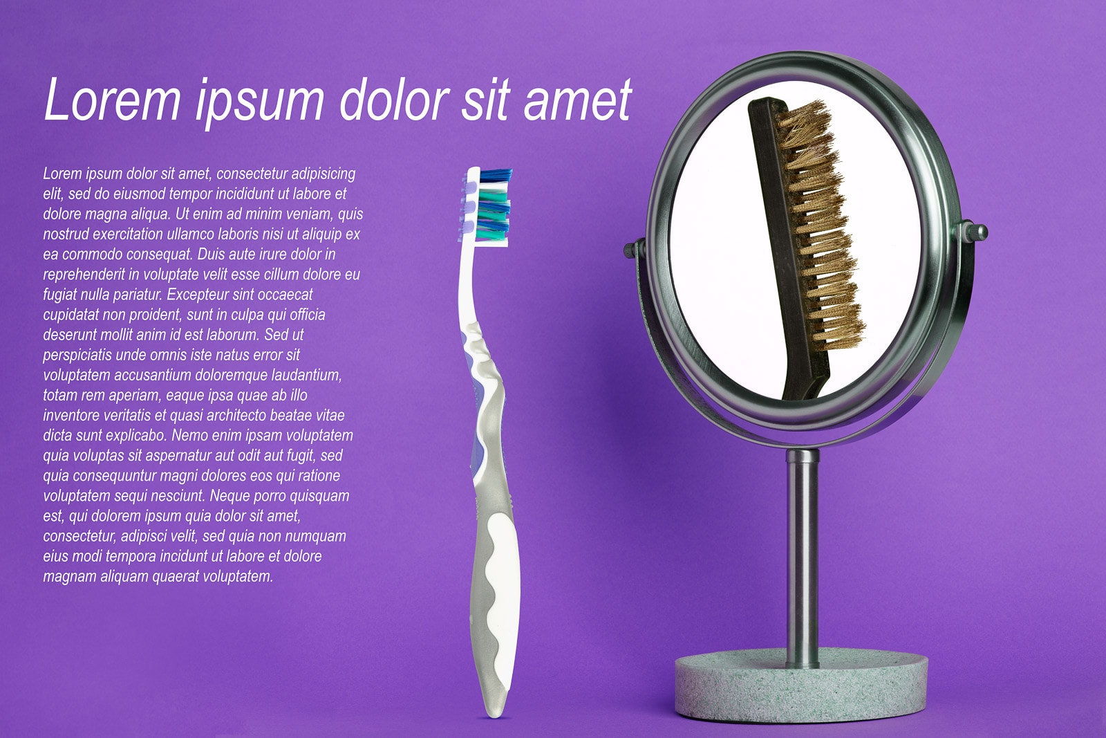 composite photograph of toothbrush and wire brush in mirror on purple background with dummy text added
