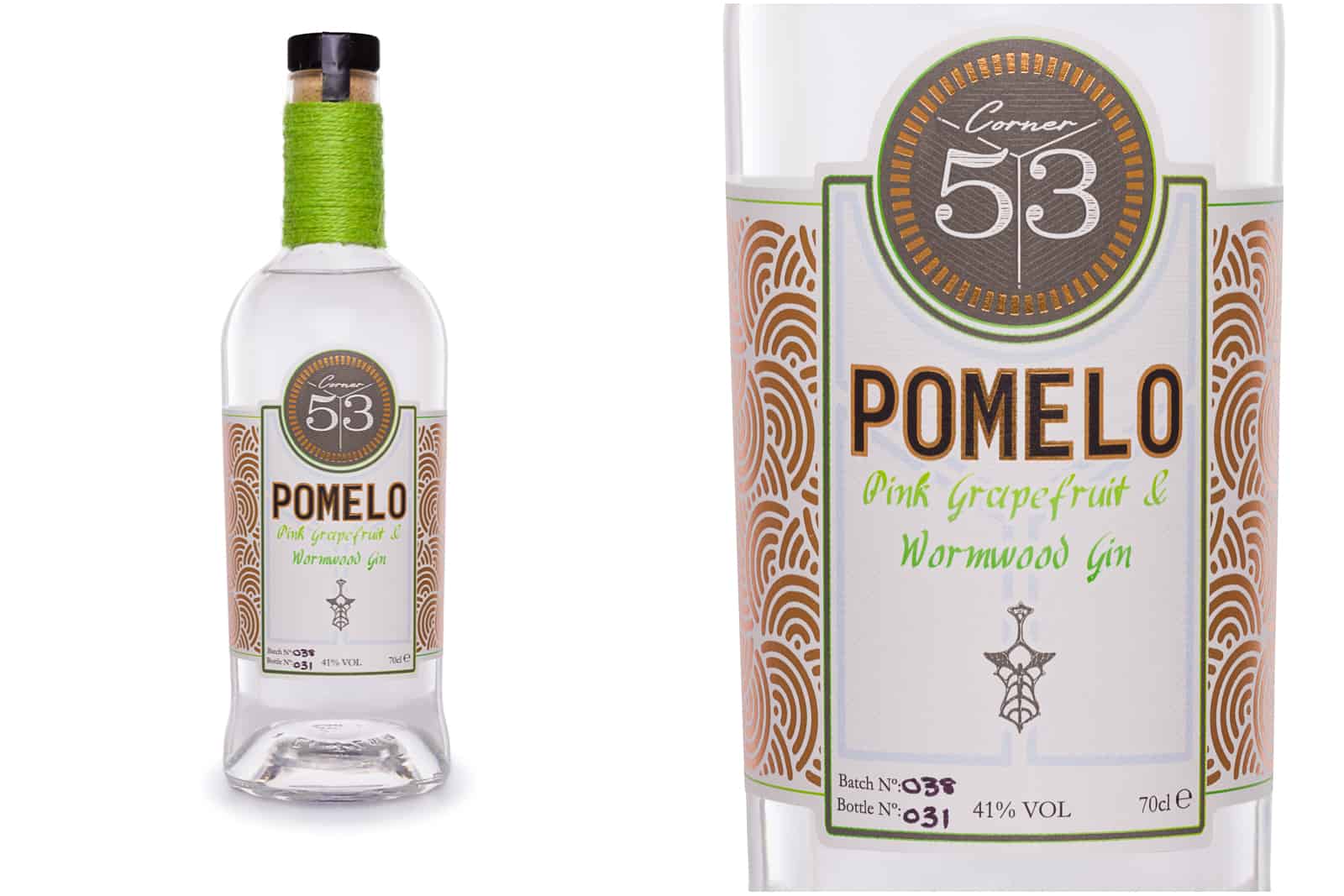 Bottle of Pomelo Gin made by Corner 53 distillery on a white background