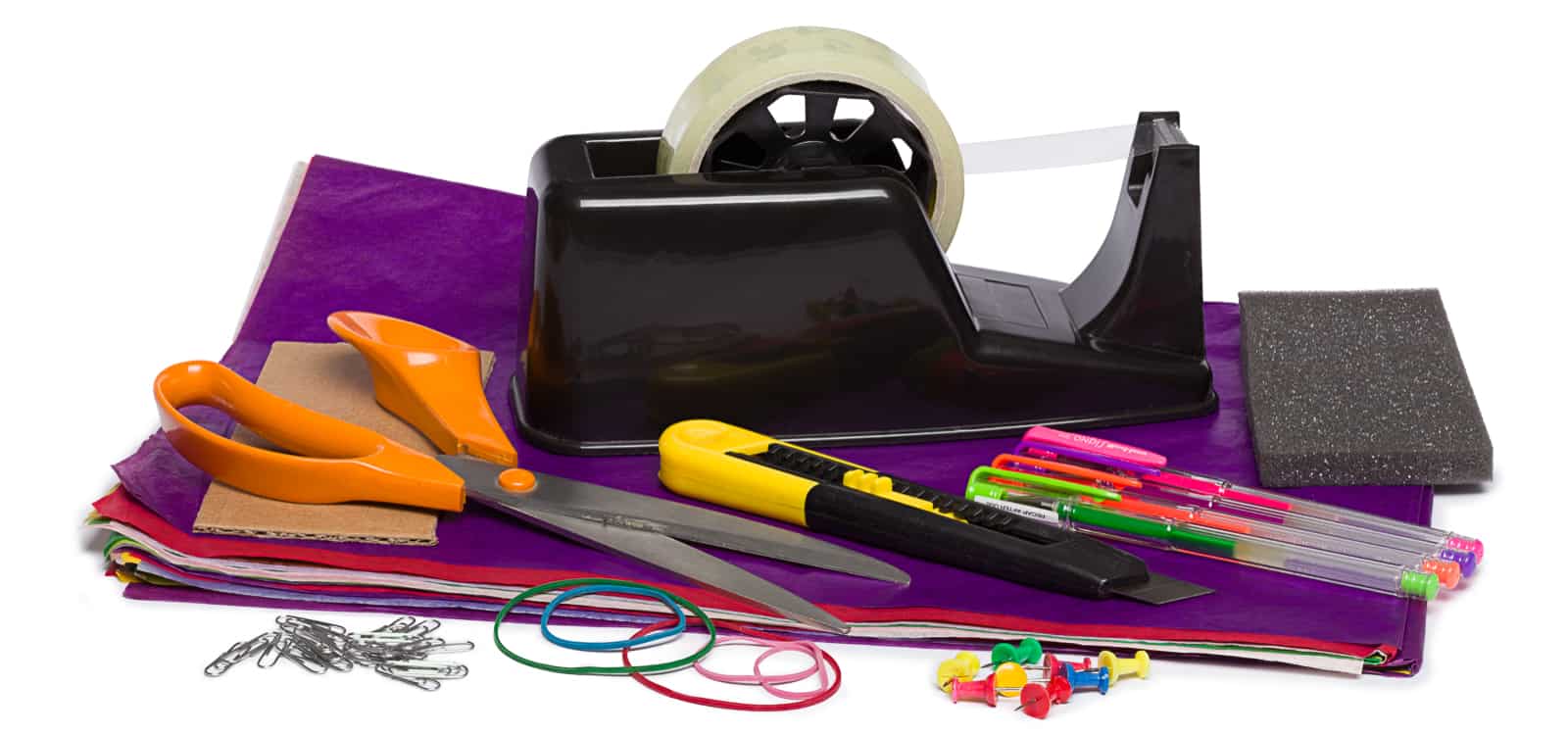 arts and crafts_SPL general arts and crafts items. Tissue paper, tape, scissors, craft knife, rubber bands, push pins, paper clips, pens