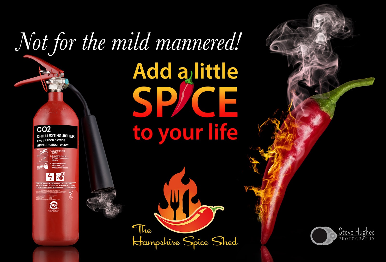 Burning red chilli pepper and fire extinguisher with advertising text on black background