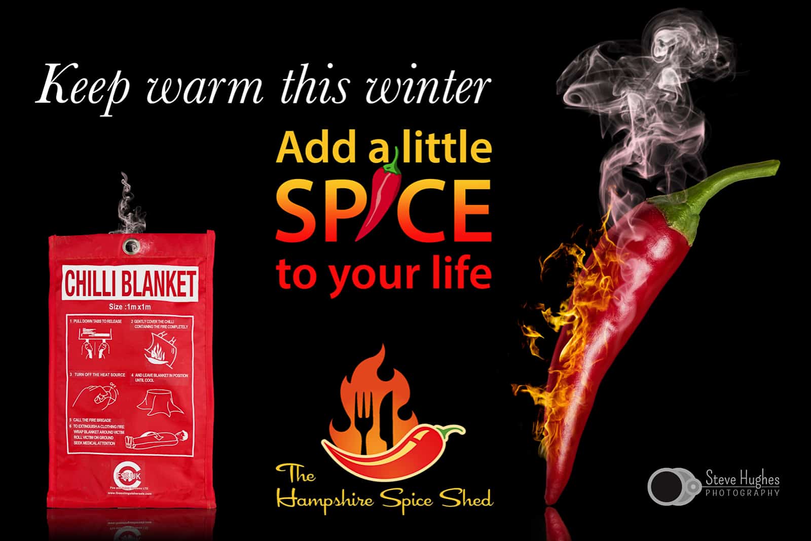 composite photograph of smoking red chillie pepper and red fire blanket on black background