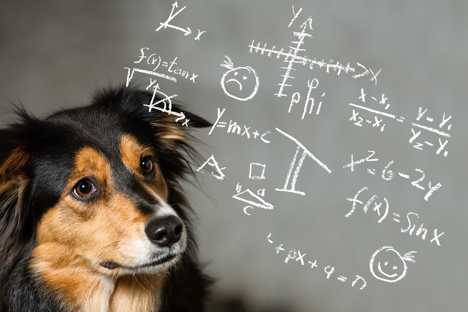 collie dog looking at maths equations