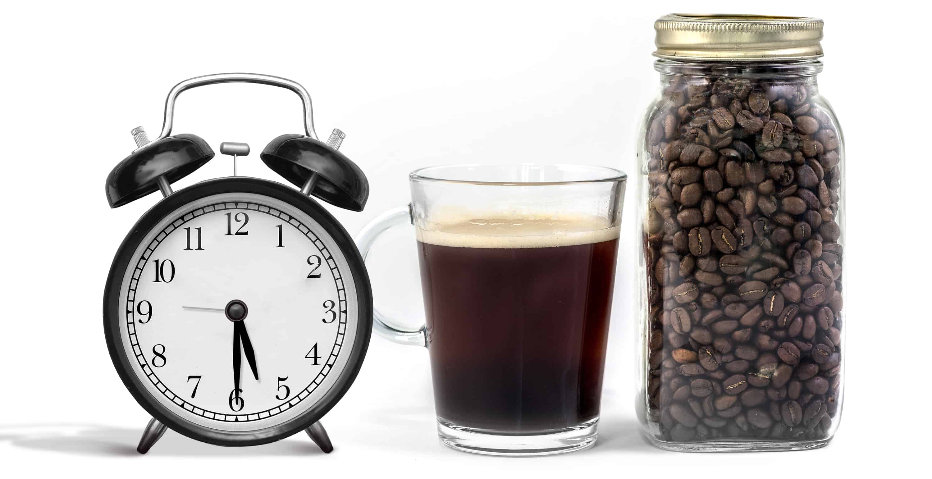 alarm clock showing 05:30 with coffee beans and glass mug