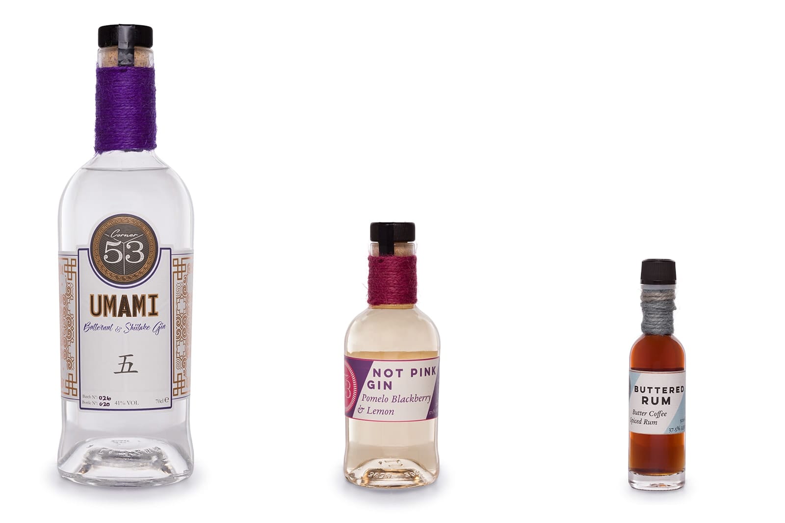 three gin bottle sizes sold by corner fifty three distillery