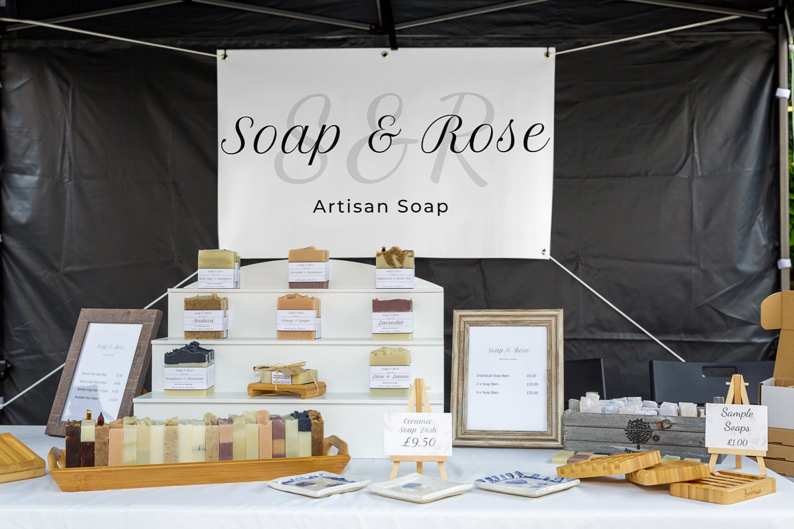 soap and rose products on display at local craft fair