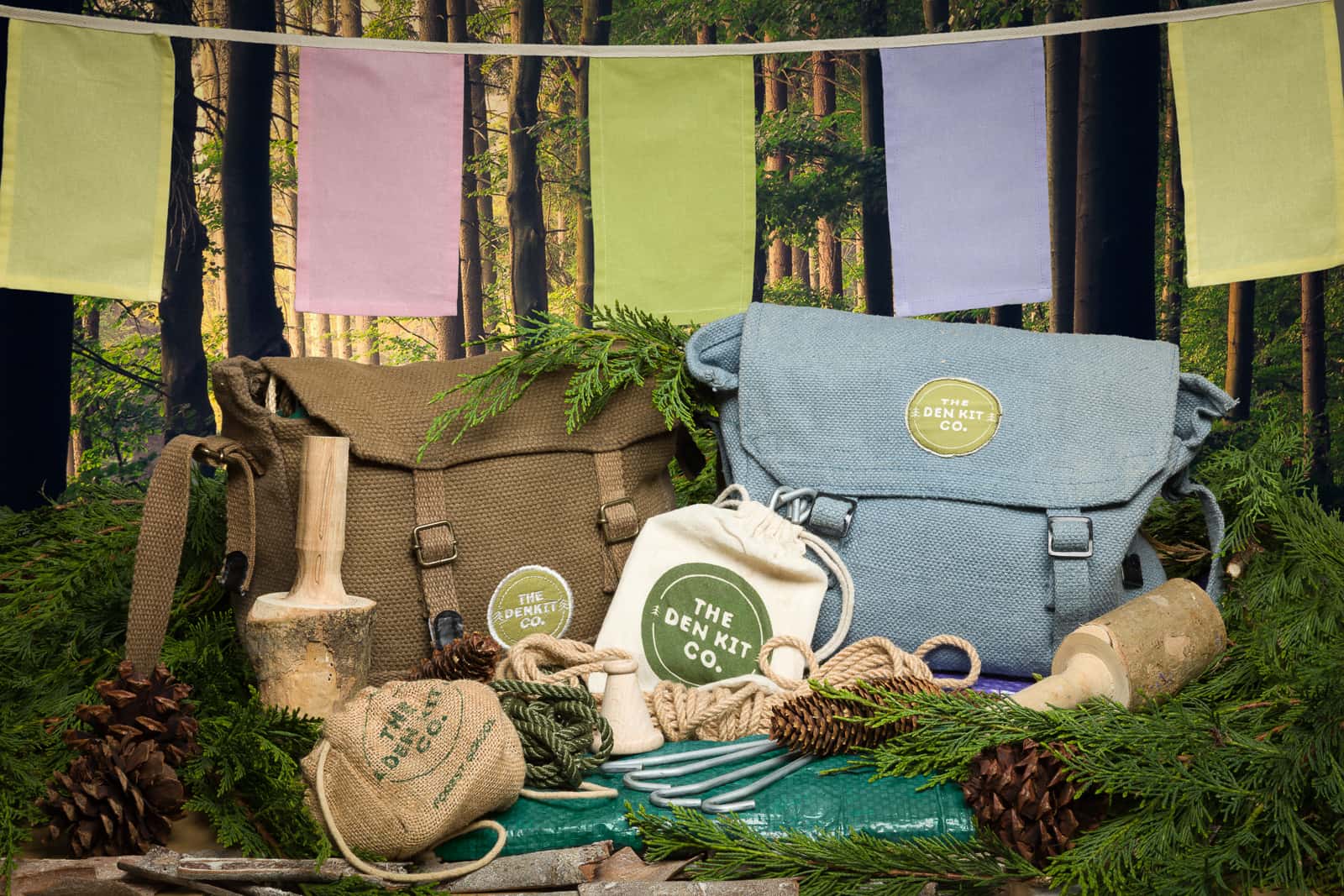 studio product shot of children's den kit in forest surroundings