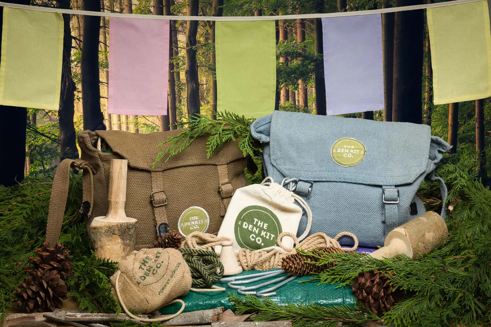 studio product shot of children's den kit in forest surroundings