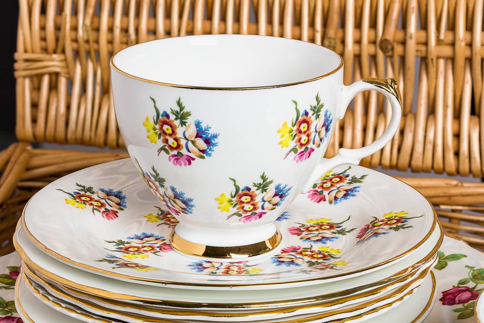 close up of flower design bone china tea cup and saucer