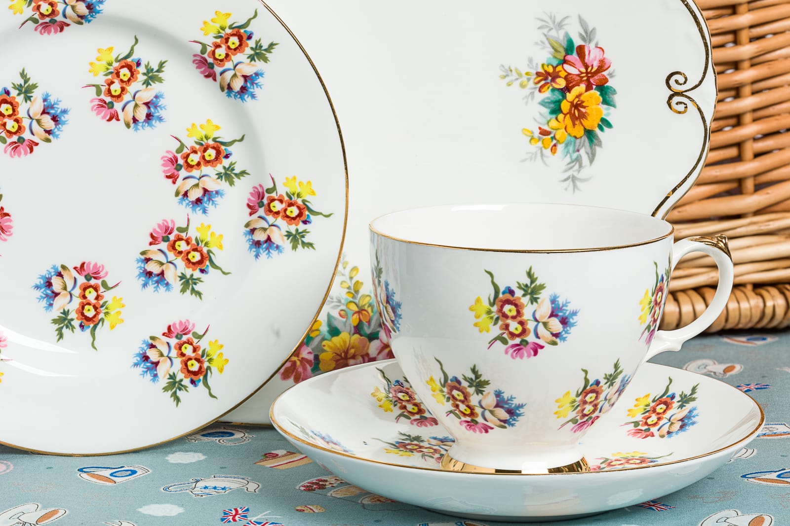 close up of flower design bone china tea service
