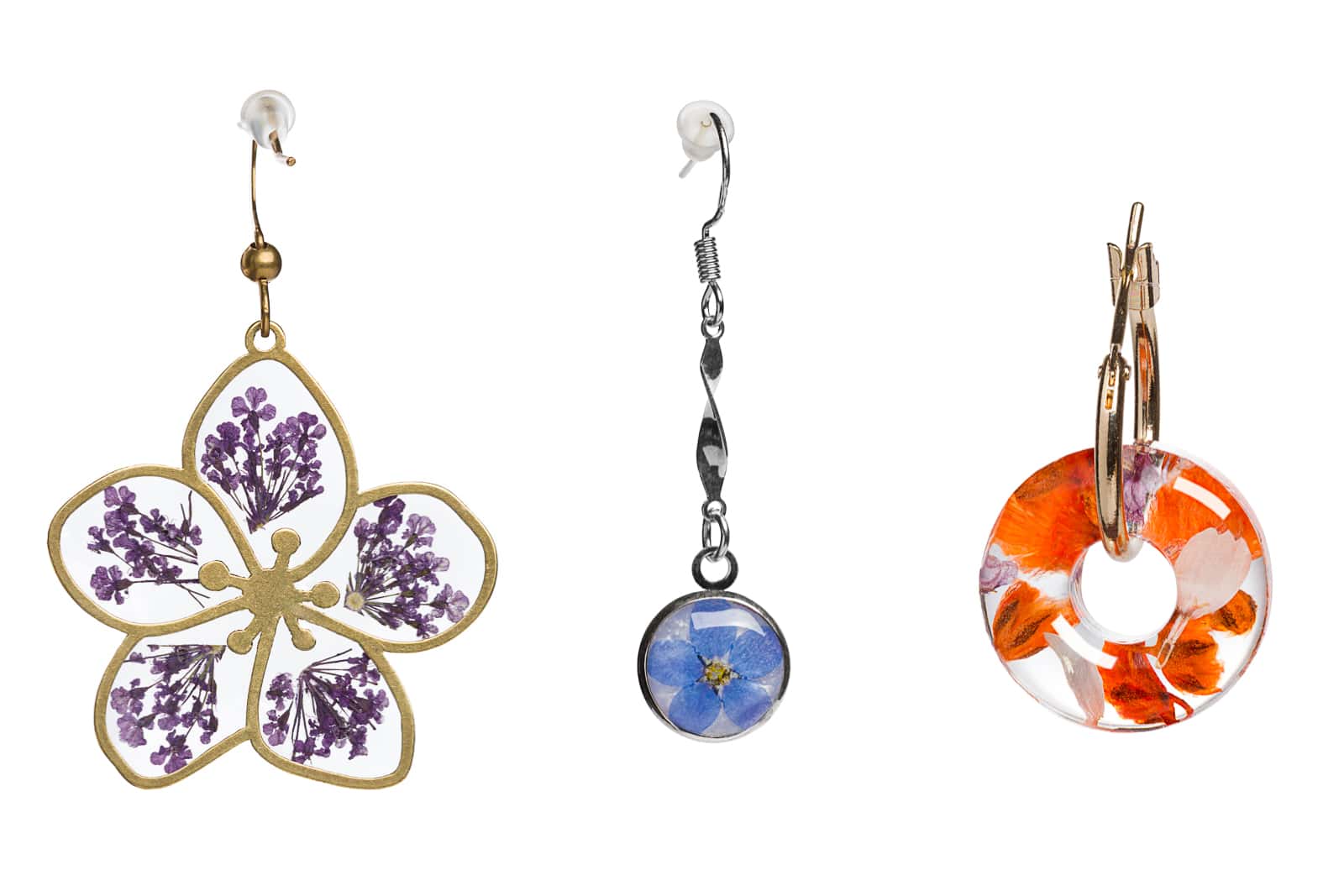 three different styles of resin encapsulated earrings by petal and plume