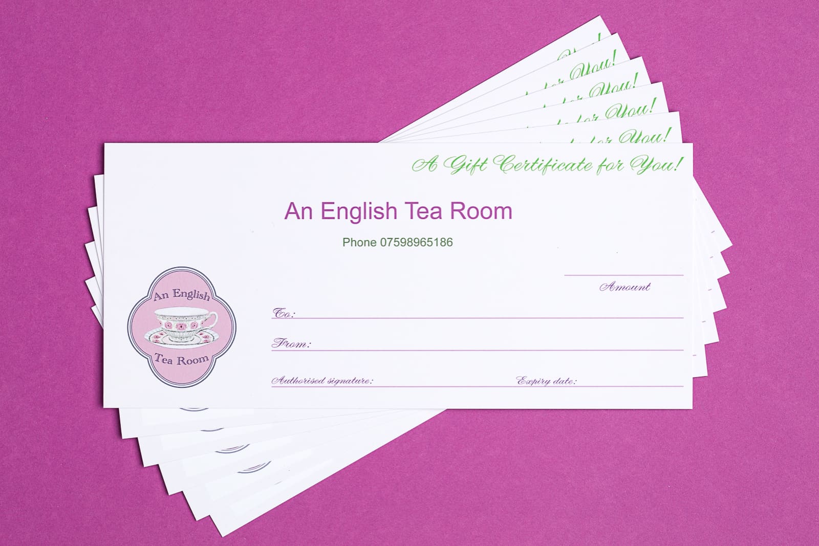 an English Tea Room printed gift vouchers