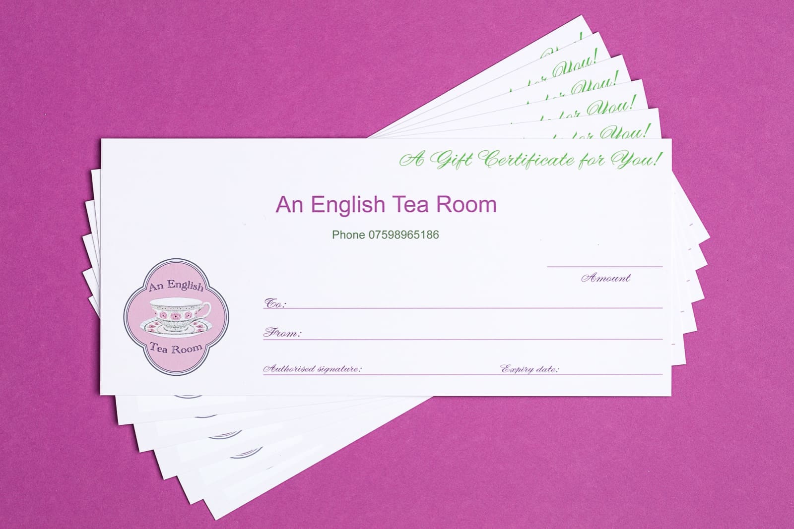 an English Tea Room printed gift vouchers