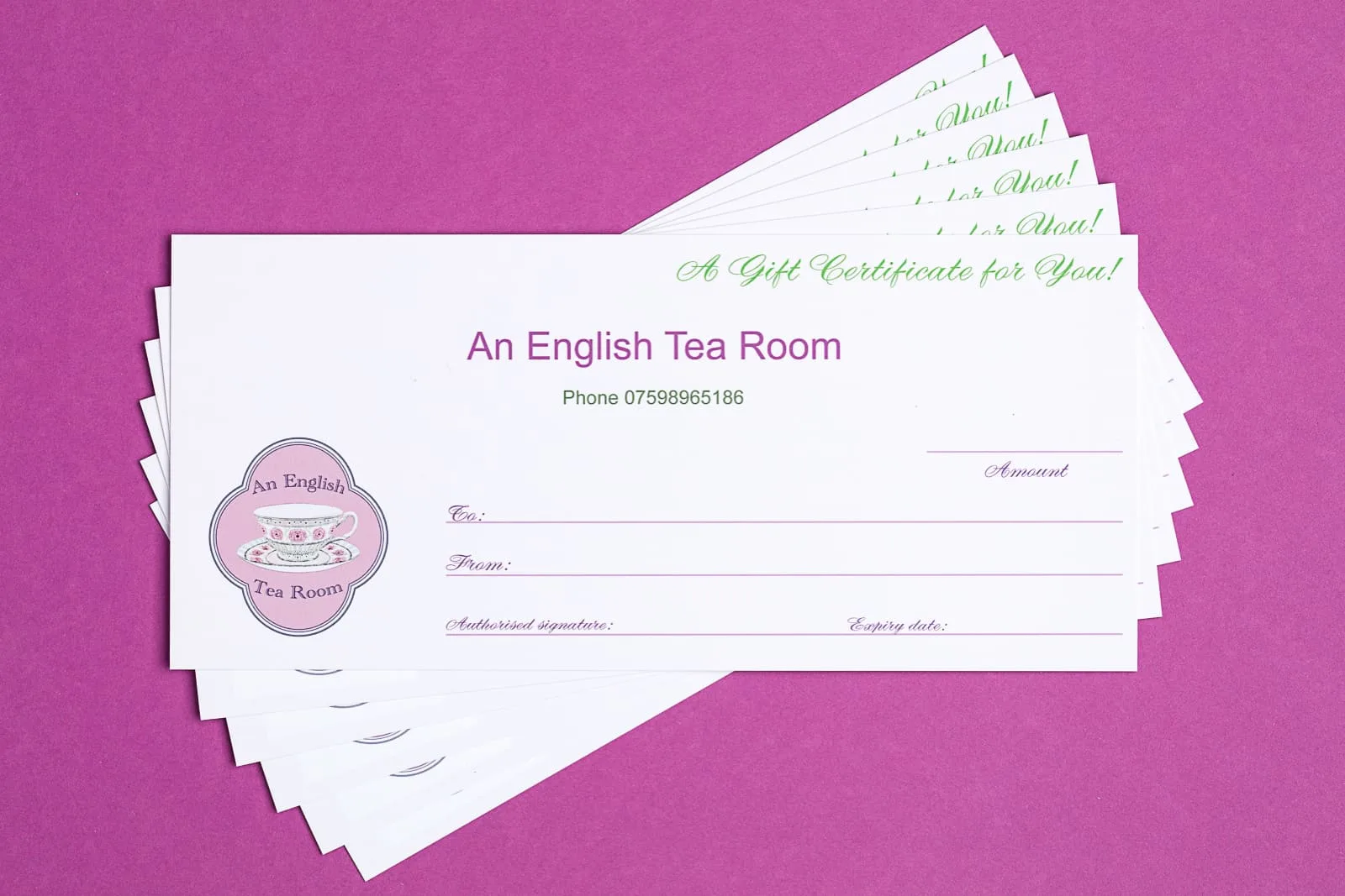gift vouchers_SPL an English Tea Room printed gift vouchers