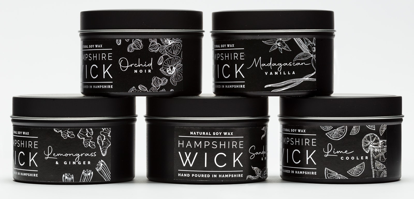 hampshire wick candle tins stating different fragrances