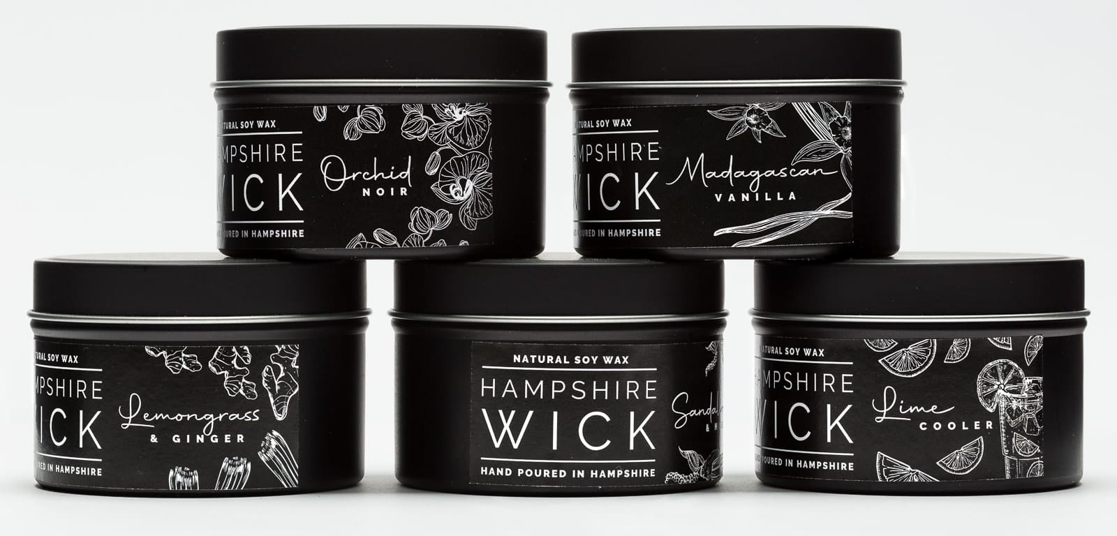 hampshire wick candle tins stating different fragrances