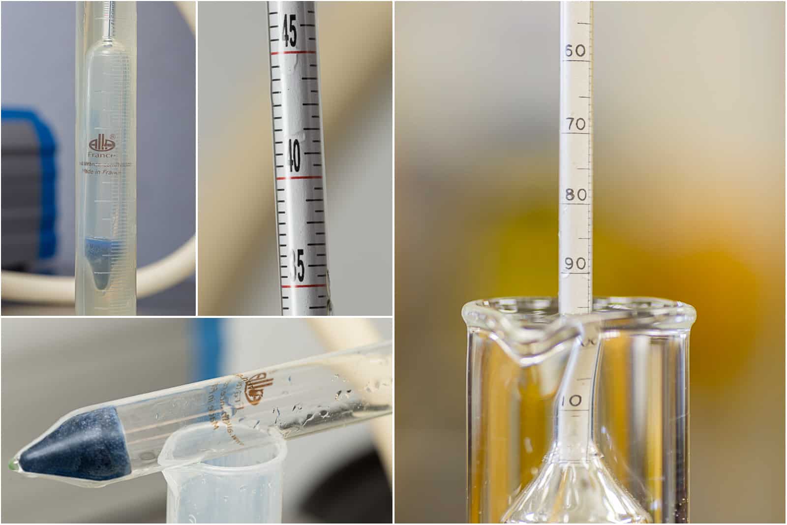 views of a hydrometer being used to test alcohol by volume in gin