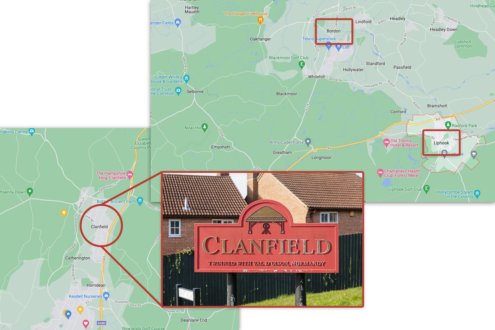 map of liphook, bordon and clanfield with local road sign