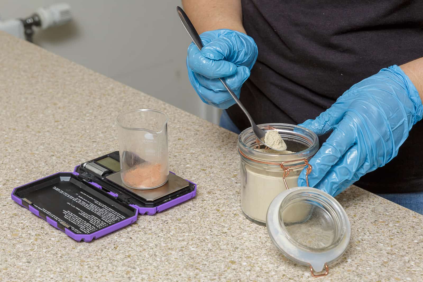 mixing-and-measuring-two-different-clays measuring and mixing two different clays for making soap