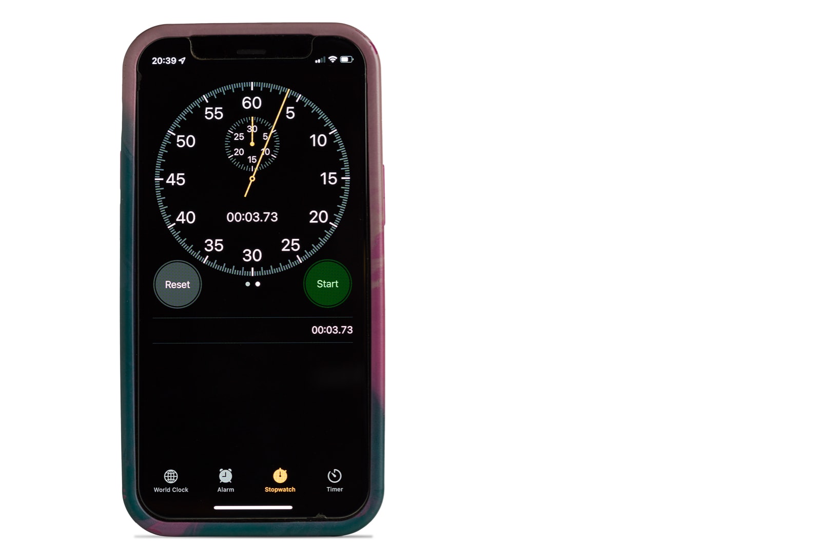 mobile phone showing stopwatch application